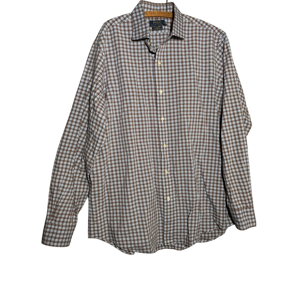 Polo Ralph Lauren Mens XL Classic Fit Plaid Button Down‎ Shirt Brown Blue Cotton